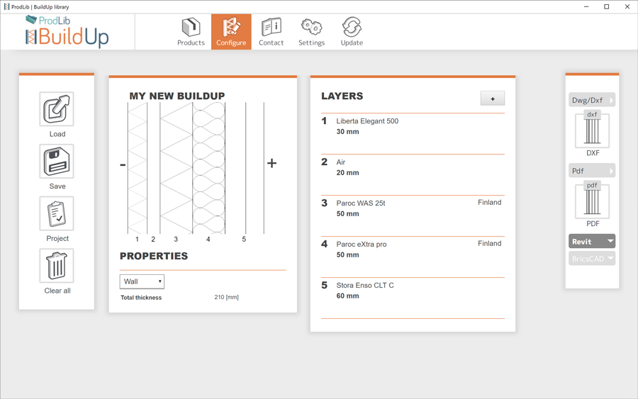 ProdLib BuildUp configurator buildup view consisting of layers of Stora Enso, Paroc and Ruukki materials